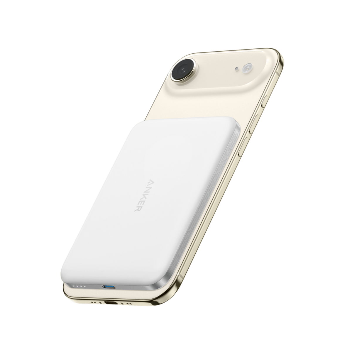 Anker, sleek white power bank with gold iPhone for portable charging.