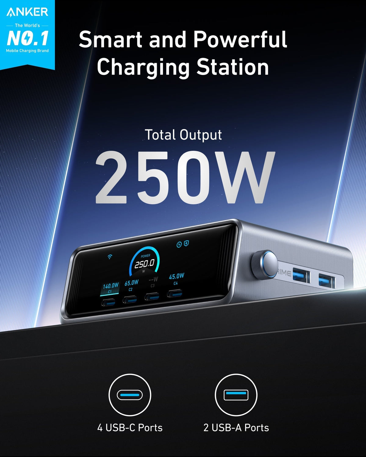 Anker Prime Charger (250W, 6 Ports, GaNPrime) and Prime USB-C to USB-C Cable (240W, Upcycled-Braided, 182cm)